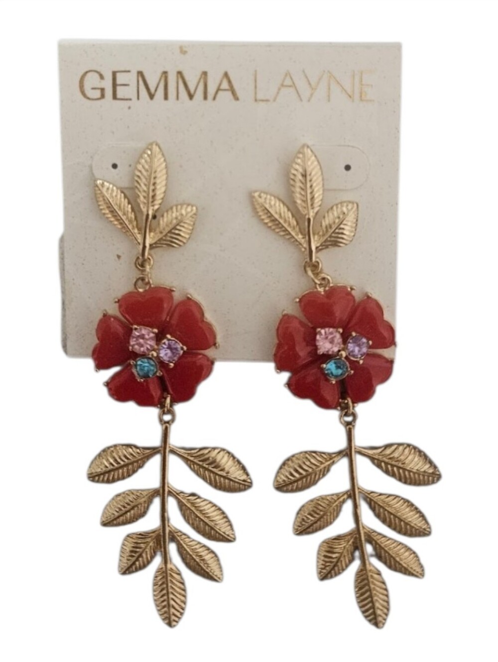 Gemma Layne Red Flower Gold Leaf Statement Drop Dangle Earrings NWT